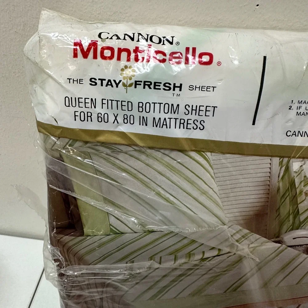 Vintage Cannon Monticello Queen Fitted Sheet & Pillowcases Montauk Stripe Green